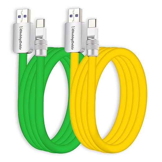 chubbycable Couple Chubby 2 Pack 120W USB C Cable Extra Thick Silicone Fast Charging Cable Compatible with iPhone 17-15 Series iPad Galaxy Series, Green+Yellow, USB-A to Type-C, 4.9FT