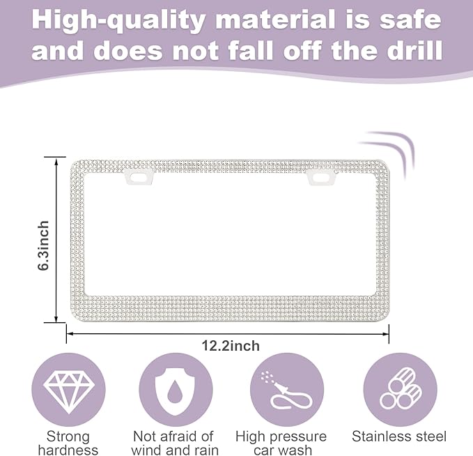 QUANQIUFEI 2 Pack Bling License Plate Frames for Women, Sparkly Rhinestone Diamond Car Accessories with Glitter Crystal Caps (White)