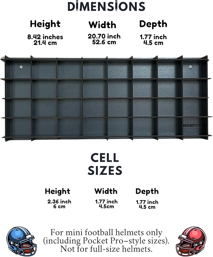 32 / 6 Color Mini Helmet Display Case,Mini Football Helmets,Football Helmet Display Case,Wall Mount (Black)