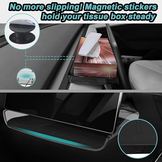 BestEvMod Under Screen Storage Compatible with New 2026 2025 Tesla Model Y Juniper Accessories Magnet Install No Tape Needed Behind/Lower Screen Dashboard Organizer Tissue Holder (Black)