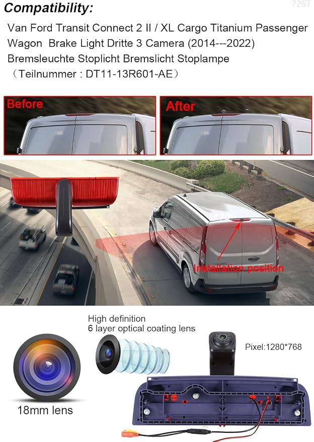 HD Transporter Caravan Van Brake Light Roof Rear View Reversing Backup Camera with Angle Adjustable Compatible with Ford Transit Connect 2/XL Cargo Titanium Passenger Wagon SUV MPV + 7 Inch Rear View