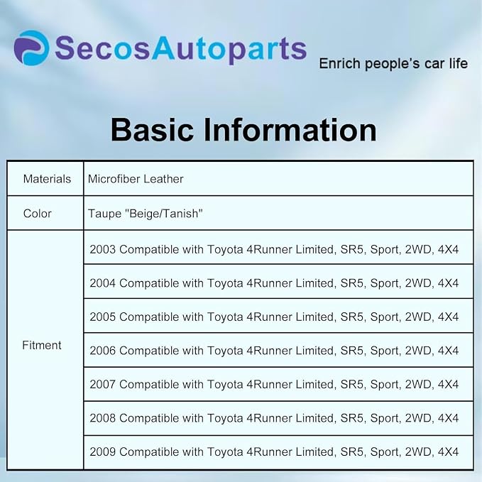 SecosAutoparts Driver & Passenger Side Bottom & Top Lean Back Leather Seat Cover Tan Compatible with Toyota 4Runner Limited 2003 2004 2005 2006 2007 2008 2009
