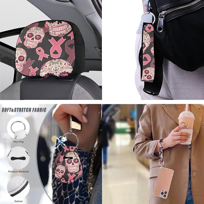 Pink Ribbon Sugar Skull Car Seat Cover Set of 13, Breast Cancer Awareness Stretchy Steering Wheel Cover, Skulls Ribbons Seat Belt Cover Cup Holder Pad, Easy to Clean