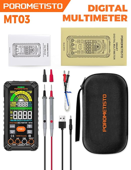 Smart Digital Multimeter Auto-Ranging,10000 Counts True-RMS | POROMETISTO Rechargeable Voltmeter Multimeter with NCV & Capacitance Check,Dual Fuse Electric Tester for HVAC & Automotive