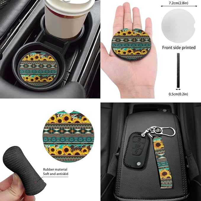 Southwestern Aztec Sunflower Auto Seat Covers Full Set,Anti Slip Cup Mat,Auto Steering Wheel Covers Sunflowers Keychains,Vehicle Interior Mirror Covers,Handbreak Gear Shift Cover for Cars