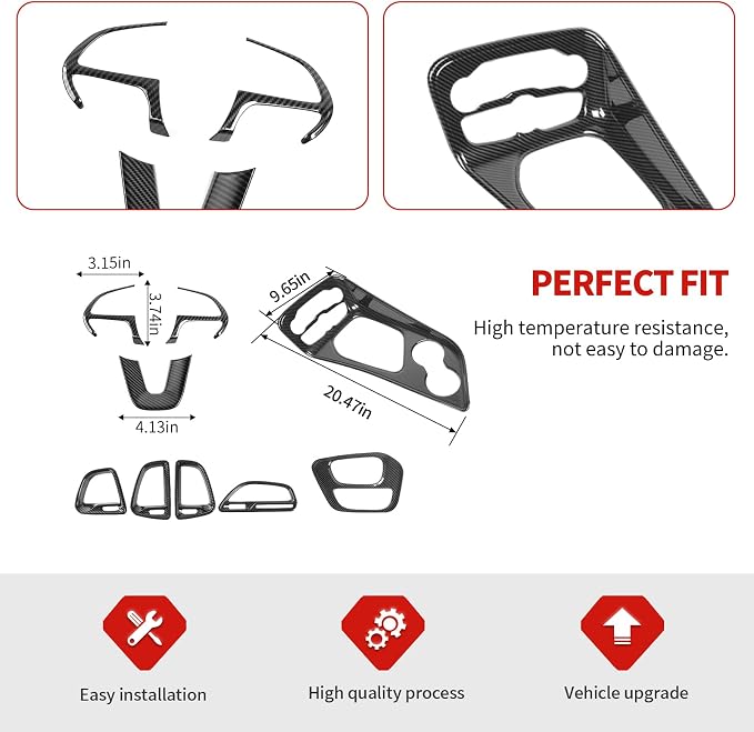 Jimen Fit for Dodge Challenger 2015-2023, 9PCS Carbon Fiber Interior Kits - Dash Air Conditioning Vent Cover, Gear Shifter Panel Trim