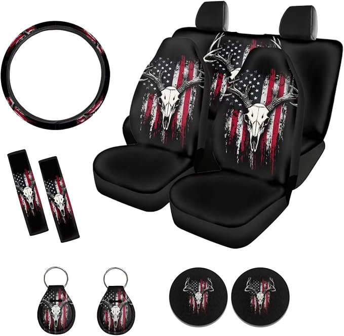 Xoenoiee American Flag Elk Bone Print Car Seat Covers and Accessories, Front Rear Seat Covers, Steering Wheel Cover, Seat Belt Pads, Coasters, Keychains for Car SUV Decor, 11 PCS Set