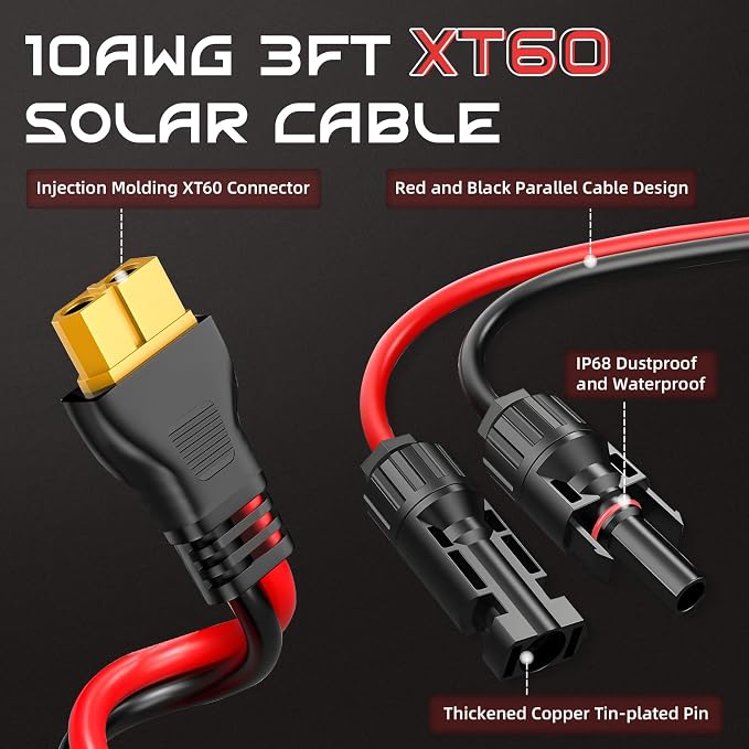 3FT 10AWG XT60 Solar Charging Cable, GIBBAB Solar Panel Connector to XT60 Extension Charge Adapter Cable with Caps & Wire Ties for LiFePO4 Battery RV Portable Power Station Generator