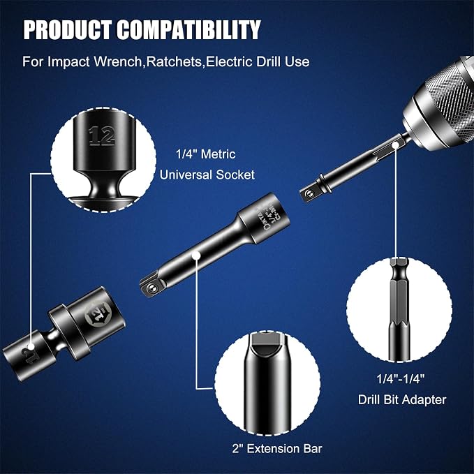 Professional 1/4" Drive Impact Swivel Socket Set,16-Piece Universal Metric Wobble Sockets (5-15MM) with 2", 6" Extension Bars & Socket Adapters, 6 Point, CR-MO, EVA Foam Organizer