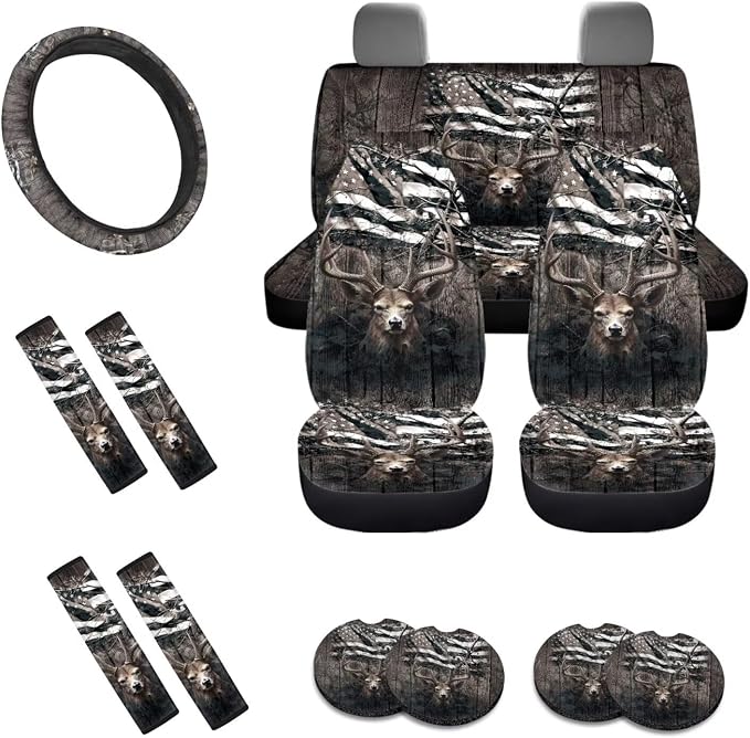 Deer Wood American Flag Print Car Accessories Set of 13, Washable Front and Rear Seat Covers Full Set + Steering Wheel Cover + Safe Belt Pads + Coasters Interior Decoration Fit for Most Cars