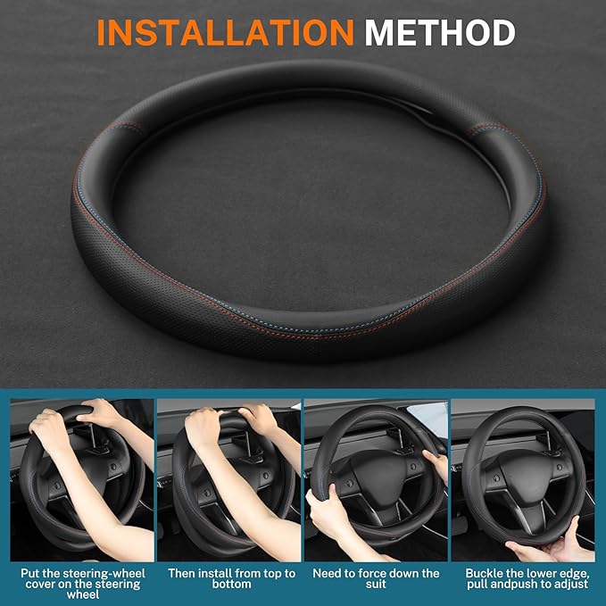 Leather Steering Wheel Cover Custom-Fit for Tesla Model 3/Y 2016-2026, Comfort Grip Design Breathable and Non-Slip, Model 3/Y Car Steering Wheel Protector, Tesla Accessories,Black(C-Style, for Tesla)