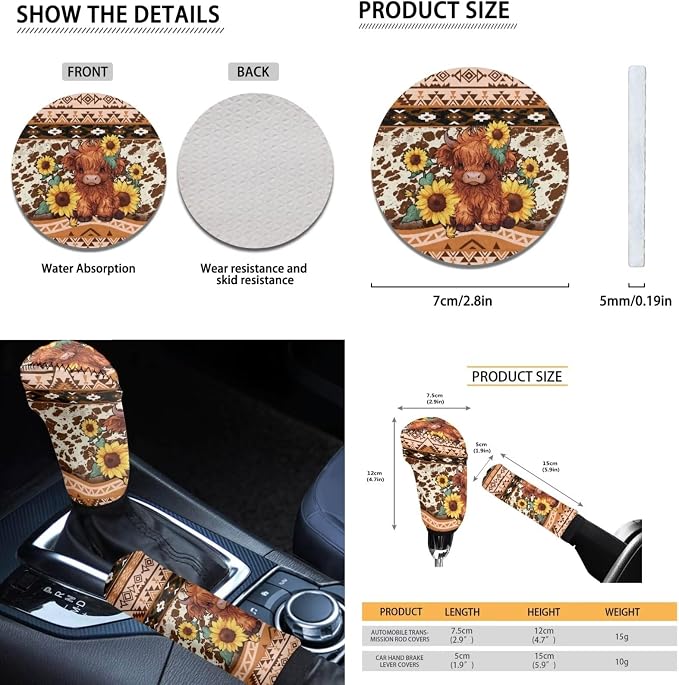 Dreaweet Aztec Brown Cow Print Car Seat Covers Full Set Cute Sunflower Highland Cow Car Accessories Steering Wheel Cover Car Coasters Armrest Cover Seatbelt Covers Gear Shift Cover Handbrake Cover
