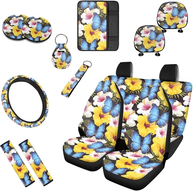 Hibiscus Seat Covers for Cars 13 Pcs, Blue Morpho Car Interior Accessories Auto Center Console Pad, Colorful Tropital Floral Butterfly Cover for Cars Interior Universal