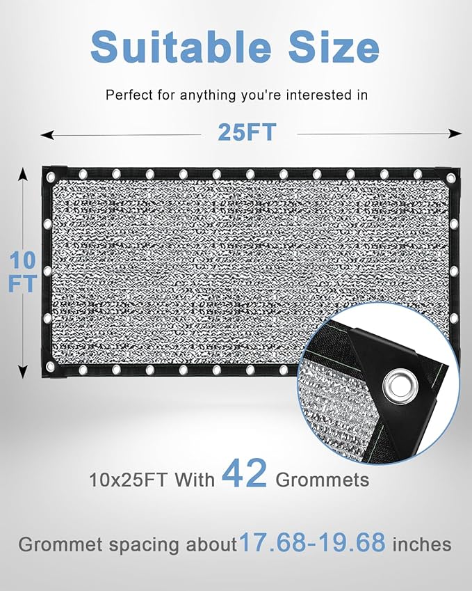 vensovo 85% Aluminum Shade Cloth - Reflective Aluminium Shade Netting Sun Shade Cover with Grommets for Cars, Dogs, Outdoor, RV, Patio (10x25FT)