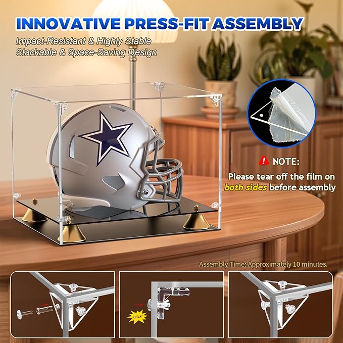 KOLIPI Football Helmet Display Case, Full Size Clear Acrylic Case Display for Football Baseball Motorcycle Helmet, Self-Assembly Showcase with Double Layer Base, Protector for Signed Memorabilia