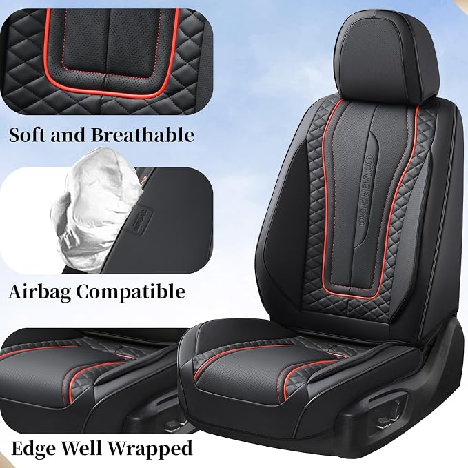 Coverado Car Seat Covers for Front Seat, Leather Seat Covers for Cars, Front Seat Covers, Waterproof Car Seat Protectors Car Seat Cushions Universal for Most Vehicles, Black&Redline