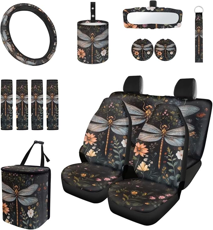 Goth Dragonfly Seat Covers for Cars Full Set - Seat Covers Front and Back with Steering Wheel Cover Seatbelt Pad Coasters Trash Bag Air Rearview Mirror Cover Keychain