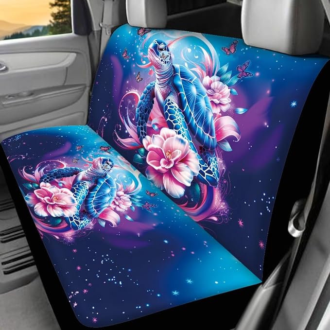 17Pcs Sea Turtle Flower Car Seat Covers Full Set for Women,Sea Turtle Flower Car Accessories Set with Seat Belt Pads Steering Wheel Cover Auto Front Rear Foot Carpet All Weather,Universal Fit