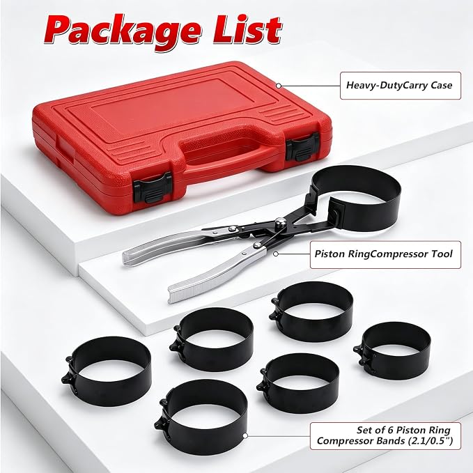 Engines Piston Ring Compressor Tool with Ratchet Pliers & 6 Piston Rings (2-7/8“ - 4-3/8”) Installation and Removal Kit for Car, Truck & Motorcycle Engines