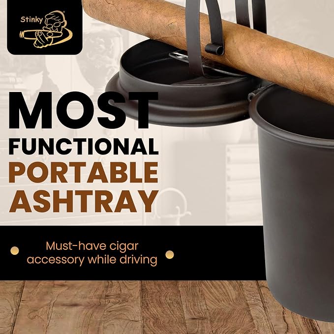 Stinky Cigar Car Ashtray, Matte Brown | Premium Stainless Steel Ashtray Cup with Spring Clip Mechanism for All Cigar Sizes - Perfect On The Go Accessory for Cigar Enthusiasts and Automobiles