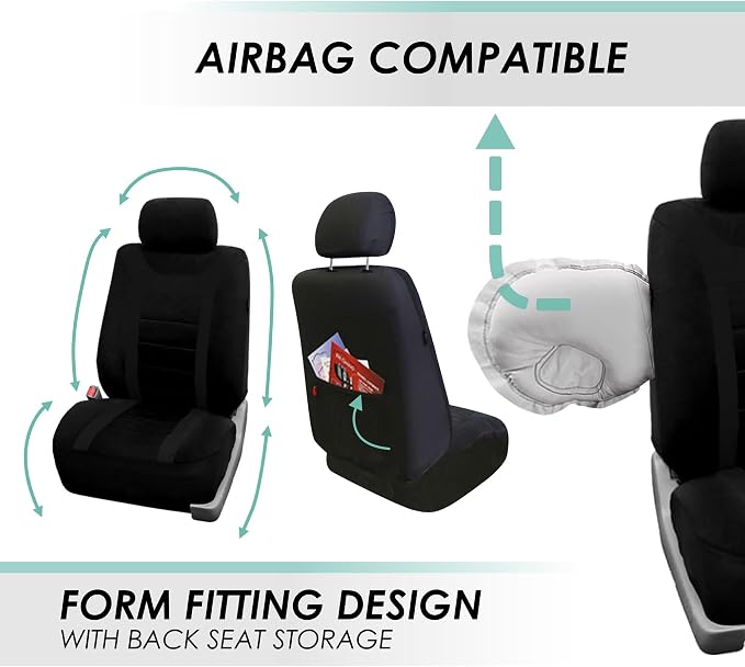 FH Group Car Seat Covers Universal Fit Full Set Interior Accessories, Sports Black Seat Covers with Airbag and Split Rear Automotive Combo Vinyl Floor Mats Seat Covers for Cars Vans Trucks and SUV