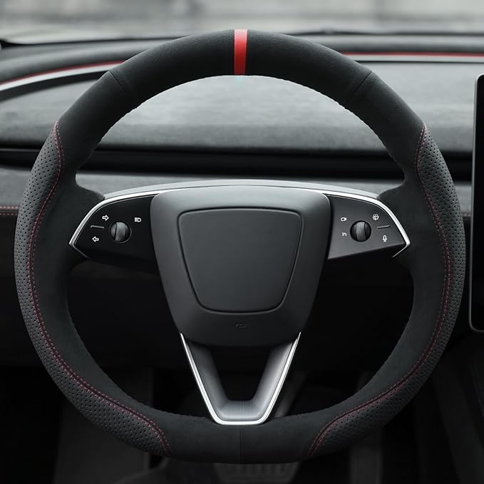 MEWANT Hand Stitched Steering Wheel Cover for 2024 2025 2026 Tesla Model 3 Highland 2025 2026 Model Y Juniper Black Suede Genuine Leather Custom Fit DIY Wrap Interior Accessories