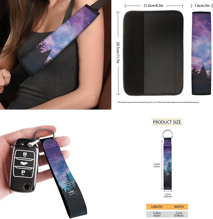 Purple Mountain Galaxy 15 PCS Car Seat Cover Set with Auto Steering Wheel Cover Seat Belt Strap Protector Cup Holder Trash Bag Rear View Mirror Protector Keychain