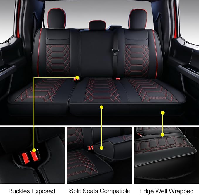 RISINGSTAR F150 Faux Leather Seat Covers, fit for 2015-2026 F150 SuperCrew, and 2017-2026 F250 F350 F450 Super Duty Crew Cab(Full Set, Black&Red)