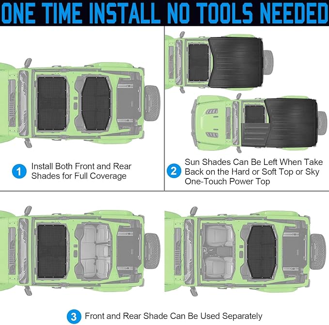 JL Top Sun Shade Roof Compatible with Jeep Wrangler 2 or 4 Door 2018 to 2023 Sunshade Sunroof Blocks UV Wind Noise Black Mesh for Front and Rear 2 pcs