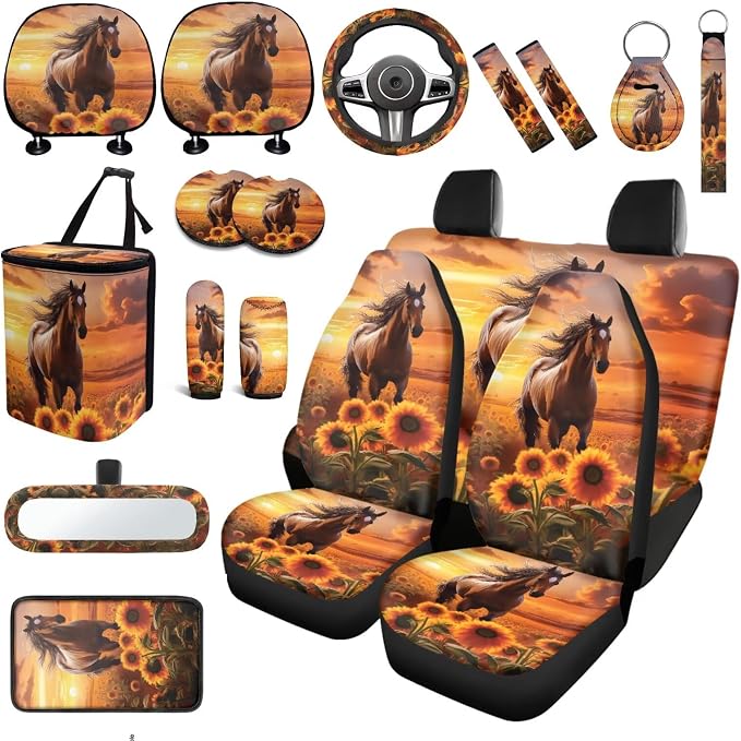 Horse Sunflower Car Accessories Full Set 18 Pcs Brown Horse Car Seat Covers Full Set Steering Wheel Car Covers Seat Belt Pads Cover Vehicle Trash Bag Armrest Box Pad Universal Fit