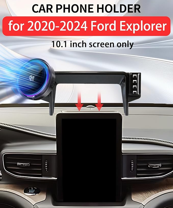 Qi2.2 25W Magnetic Car Mount Charger for 2020 2021 2022 2023 2024 Ford Explorer Accessories, for Fast Charging Cell Phone Holder 10.1 Inch Screen Fixed Clip with Cooling Fan＆54W Fast Adapter