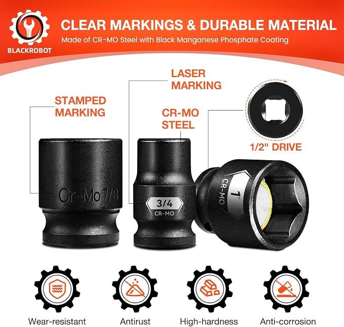 BLACKROBOT 1/2" Drive Magnetic Impact Socket Set, 10-Piece Shallow Socket Set with Storage Rail, SAE 3/8" to 1", 6-Point Magnetic Sockets, Cr-Mo Steel