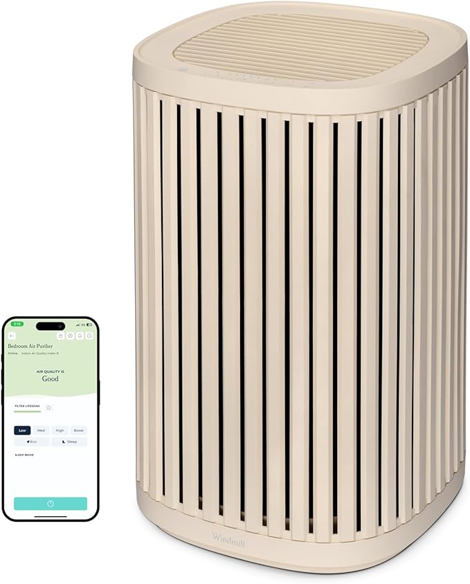 Windmill Air Purifier for Home - 3-In-1 Filtration for Dust, Smoke, & More - True HEPA Filter, Activated Carbon, & Pre-Filter - Ultra-Quiet - App Compatible - Covers Up To 975 sq ft - Sand