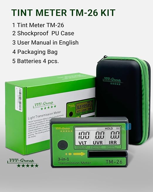 Digital Window Tint Meter TM-26 – Automotive VLT Tester with UVR & IRR Measurement, 8mm Slot Light Transmittance Meter for Car Side Windows and Solar Film Inspection (TM-26 with PU case)