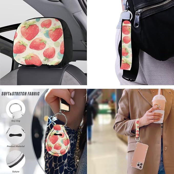 Red Strawberry Car Seat Cover Full Set, Soft Organic Strawberry Auto Seat Cover Steering Wheel Protector Armrest Pad Coaster Keychain, Universal Fit for Most Vehicles