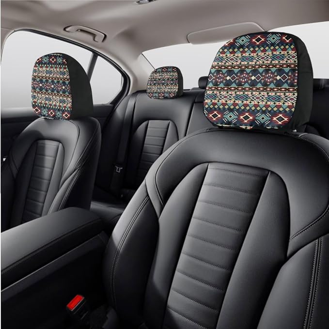 Wanyint Car Seat Cover Full Set for Women Men, with Cup Coasters Steering Wheel Protector Handbrake Gear Shift Knob Headrest Cover Auto Decor, Set of 11, Southwest Aztec Dark Blue Red