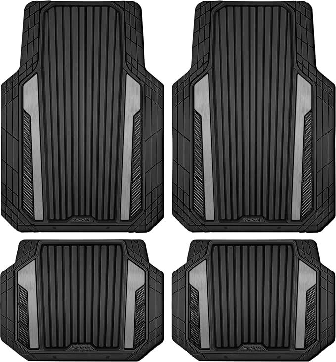 CAR PASS Heavy Duty Rubber Car Mats Metallic, Aluminum Film All Weather Floor Mats Waterproof Universal Trim to Fit Automotive SUV Sedan Van Truck 4 Piece Deep Dish Two-Tone Sporty Black Gray Chrome