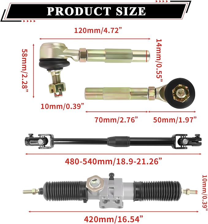 270mm/10.6'' Front Steering Wheel Parts 420mm/16.5'' Silver Rack Pinion Adjustable Shaft Tie Rod Ends Assembly for DIY Electric 110cc 125cc 150cc Go Kart Golf Buggy UTV Off-road Vehicle
