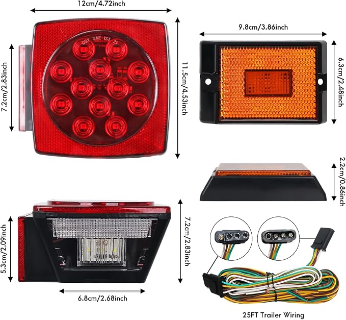 LED Trailer Light Kit, IP67 Submersible Stop Turn Tail Brake Lights with License Plate & Side Marker Lights, 25FT Wiring Harness for Boat Trailer Under 80 Inch, Truck RV Camper Snowmobile