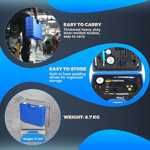 Diesel Compression Tester Kit 47pcs Petrol & Diesel Engine Compression Tester Small Engine Cylinder Leak Down Tester with Compression Gauge, Leak Detector, Gloves, for HDI/TDCi/Pumpe Duse Engine
