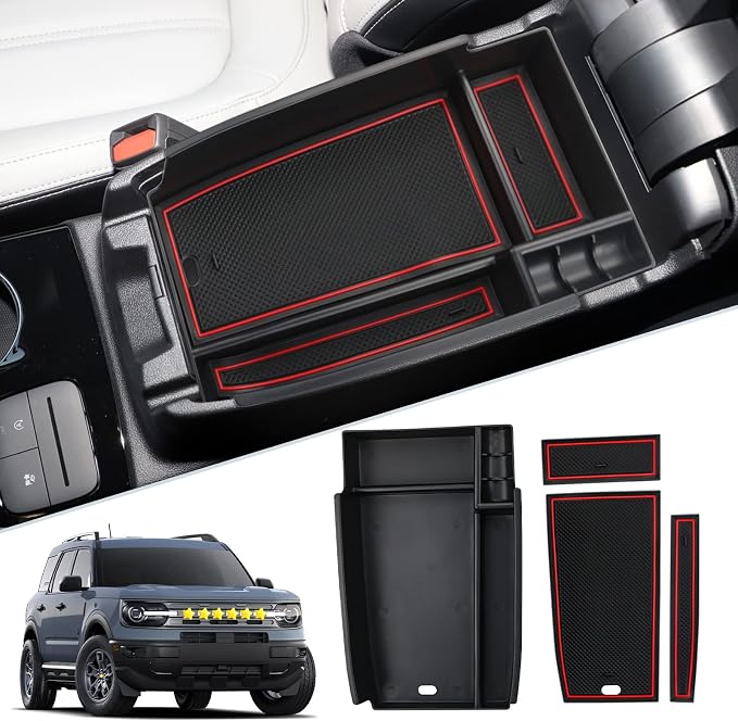SKTU for 2021 2022 2023 2024 2025 Ford Bronco Sport Center Console Organizer for 2023 2024 2025 Ford Bronco Sport Accessories Insert ABS Black Materials Tray Armrest Secondary Storage Box (Red)