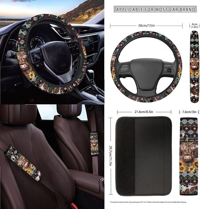 Wanyint Aztec Highland Cow Sunflower Car Seat Cover Seat Protector 15 PCS, with Steering Wheel Cover Seat Belt Pad Garbage Bag Air Vent Bag Rearview Mirror Cover Coasters Key Chain Universal Fit