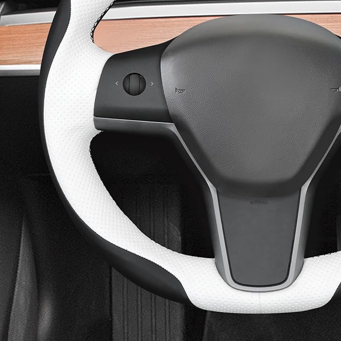 MEWANT Hand Stitch Black White Faux Leather Steering Wheel Cover Wrap for Tesla Model Y 2020-2023 Tesla Model 3 2023