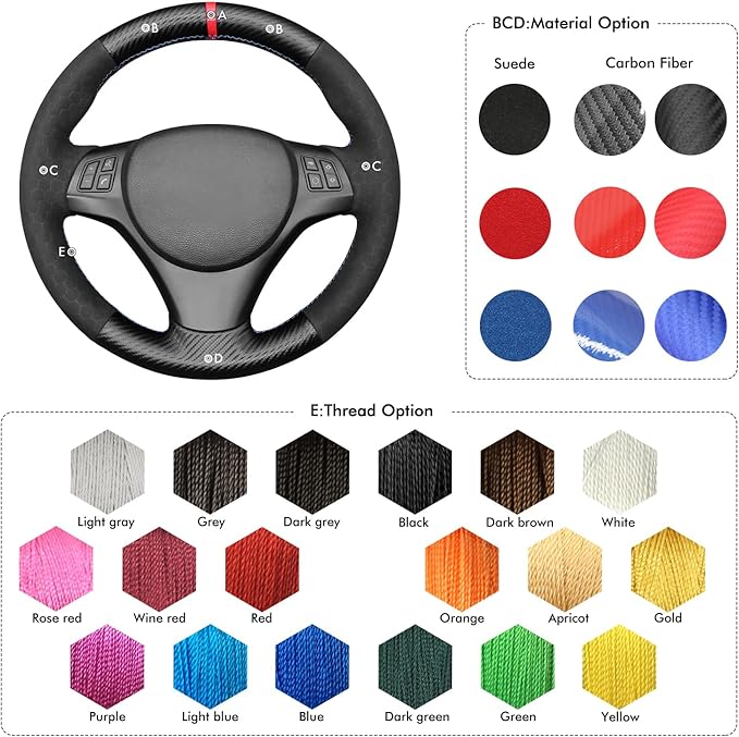 MEWANT Steering Wheel Cover for BMW 1 Series E81 E82 E87 E88 /3 Series E90 E91 E92 E93/ M3 E90 E92 E93Hand Stitch Suede and Carbon Fiber