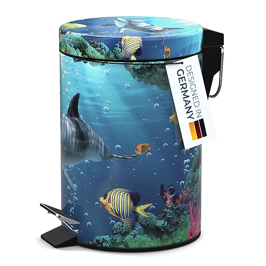 Sanilo Small Bathroom Trash Can with Lid [1.3 Gallon] - Lidded Tiny Trashcan for Garbage - Mini Metal Bin with Soft Closing Mechanism - Bath Room Accessoire Wastebin with Inner Bucket (Dolphin)