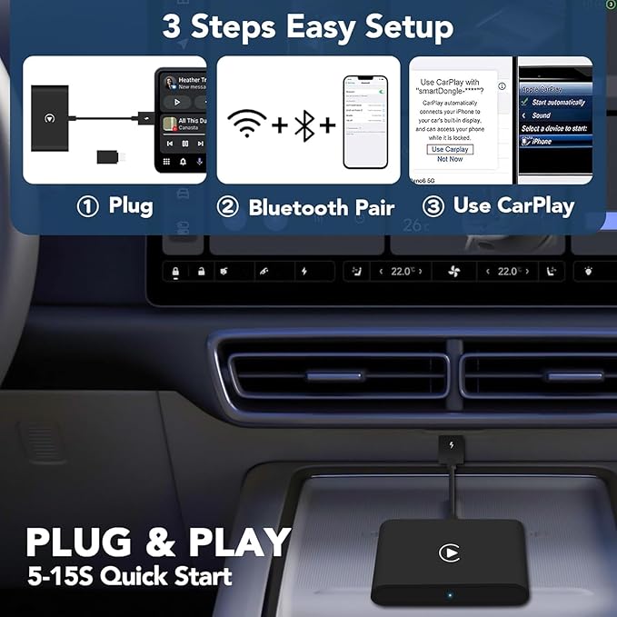 2025 Upgrade Wireless CarPlay Adapter Plug & Play Dongle Converts Wired to Wireless Apple CarPlay, Compatible with iPhone 6 and Later, Works with 2015+ Cars