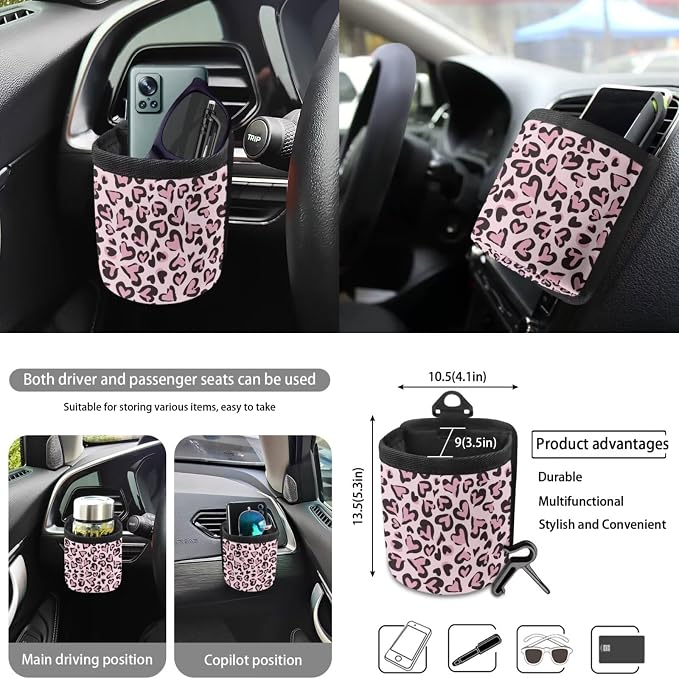 Leopard Heart Print Car Seat Covers Full Sets of 10 Waterproof Steering Wheel Cover, Car Air Vent Storage, Car Garbage Can, Cup Coaster, Lanyard Keychain for Vehicle SUV Truck