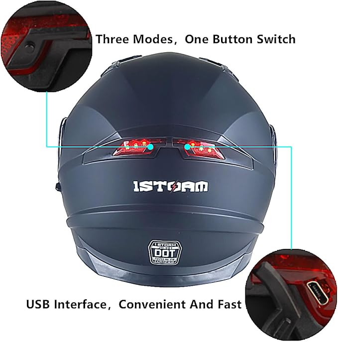 1Storm New Motorcycle Bike Modular Full Face Helmet Dual Visor Sun Shield with Rechargeable LED Tail Light: Matt Black