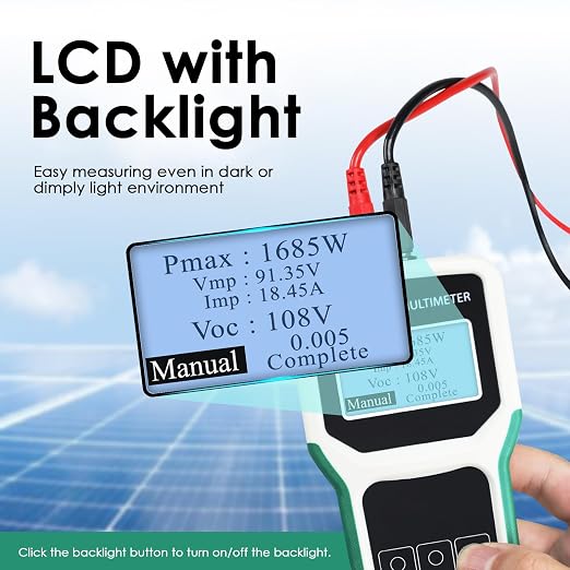1800W Solar Panel Tester & Power Meter Measuring Range (5~1800W, 20~120V, 0~60A) MPPT Photovoltaic Solar Panel Multimeter for PV Systems, Troubleshooting and Open Circuit Voltage