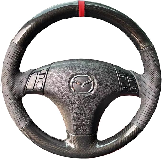 Hand-Stitched Gloss Carbon Fiber Steering Wheel Wrap for Mazda 3 Axela 2004-2009 / Mazda 5 2004-2010 / Mazda 6 Atenza 2003-2008 / Mazda RX-8 2004-2008 Interior Steering Wheel Protection Skin Cover